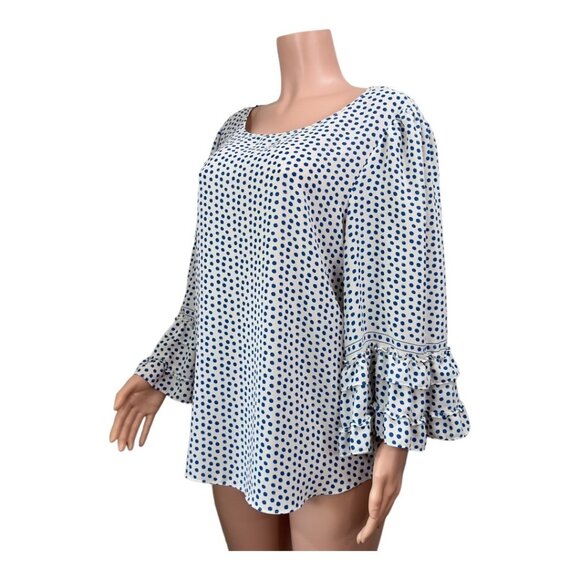 Max Studio Women SZ XL Blue Polka Dot Top Blouse Ruffle Bell 3/4 Sleeve Pullover - Picture 8 of 16